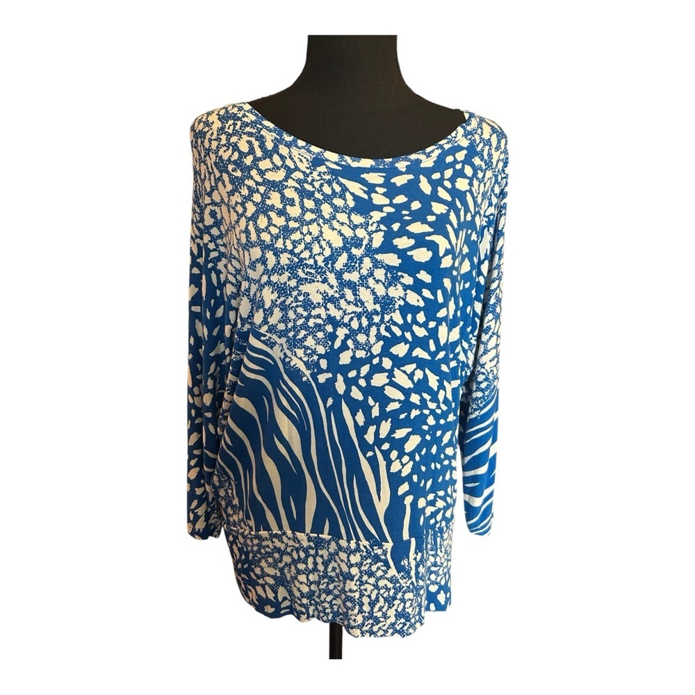 Anne Taylor Women Blue White Patterned Stretch Dolman Sleeve Top Size Medium
